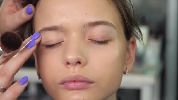 Makeup artist applica la crema di fondazione sul viso con le dita di una ragazza nel salone - Filmati, video