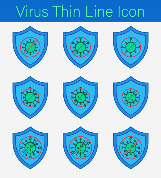 Set di protezione Shield con il segno di restrizione del virus icona contorno rosso. Anti virus icona linea sottile di protezione. vettore di ictus modificabile. - Vettoriali, immagini