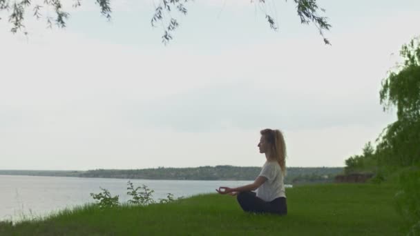 湖や海の近くの海岸でヨガの練習若いフィット女性の側面図。蓮のポーズで座って瞑想する女性 - 映像、動画