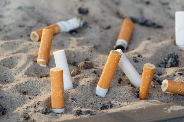 Rabos de cigarro esmagados na areia de um cinzeiro
 - Foto, Imagem