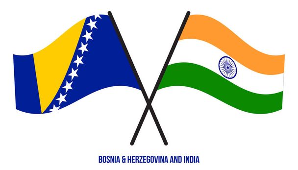 Bosnia-Erzegovina e India Bandiere attraversate e sventolanti Stile piatto. Proporzione ufficiale Colori. - Vettoriali, immagini