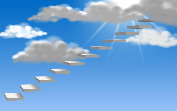青い空に太陽と雲のある白い階段 - ベクター画像