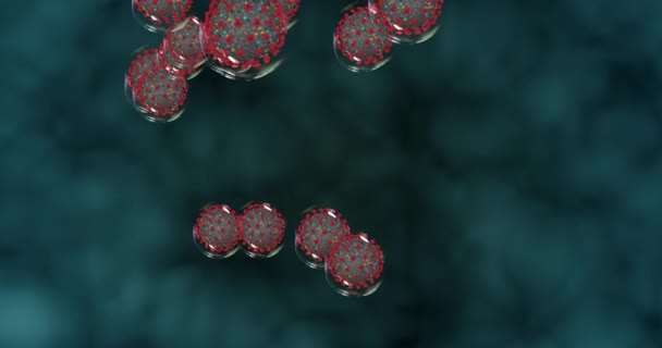 Komórki koronawirusowe. Małe kropelki z Covid-19 rozprzestrzeniają patogeny. Grupa wirusów wywołujących zakażenia układu oddechowego. Pętla renderowania 3D 4k - Materiał filmowy, wideo