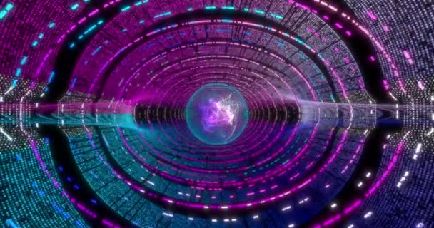 Neon Circle fond avec tunnel de données. Fluorescent Ultraviolet lumières animation 4k. Réalité virtuelle design futur rendu 3d. Conception technologique. - Séquence, vidéo