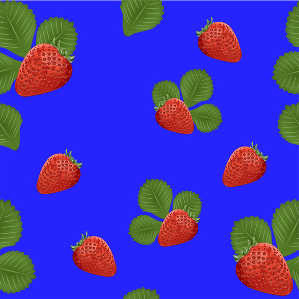 Background element. Template. Strawberry and green leaf. Pattern.  Blue background. Illustration, background - Fotografie, Obrázek
