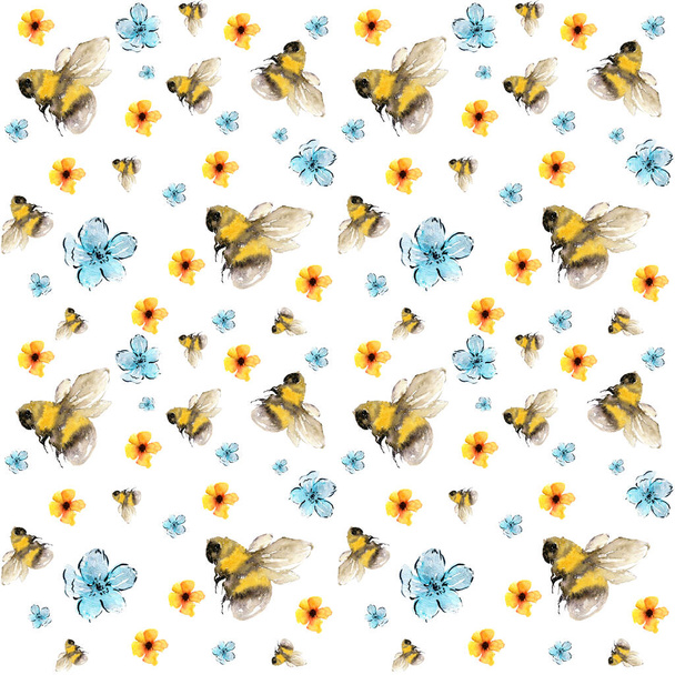 Bees and flowers watercolor print, seamless pattern in yellow and blue on white background, looks nice on fabrics, home textile, wrapping paper and kids clothes - Foto, Imagen