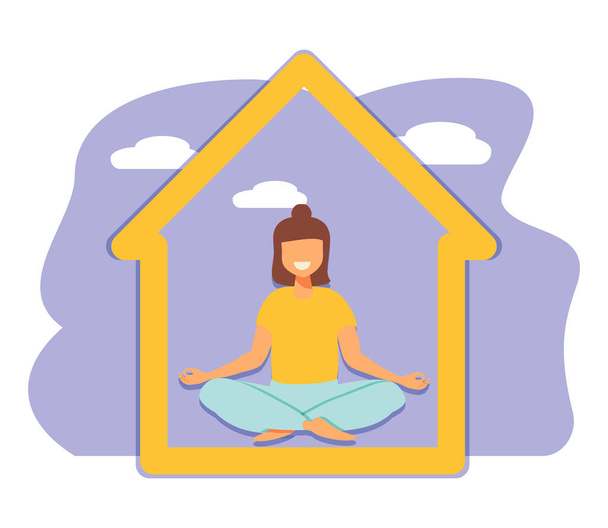 Women doing yoga activity at home, studying class distance illustration in vector. Stay at home and things to do in self isolation and social distancing during epidemic of corona virus. - Vector, Image