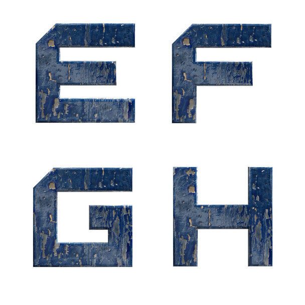 3D rendering of alphabet of letters made of rustic wood covered with blue peeling paint coat on white - letters E-H  - Foto, immagini