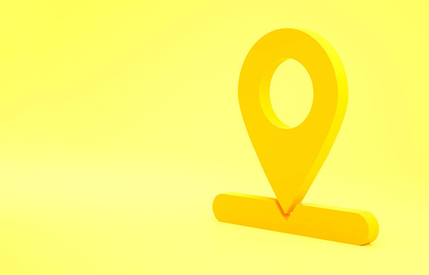 黄色の背景に分離された黄色の地図ピンアイコン。ナビゲーション、ポインタ、位置、地図、 GPS 、方向、場所、コンパス、検索の概念。ミニマリズムのコンセプト3Dイラスト｜3Dレンダリング - 写真・画像