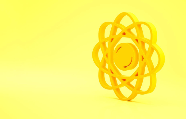Icona Yellow Atom isolata su sfondo giallo. Simbolo di scienza, educazione, fisica nucleare, ricerca scientifica. Concetto minimalista. Illustrazione 3d rendering 3D
. - Foto, immagini