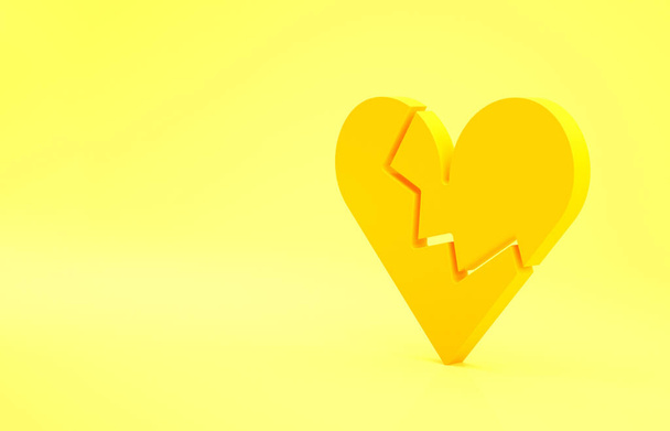 Жовте розбите серце або ікона розлучення ізольовані на жовтому тлі. Символ любові. Валентинів день. Концепція мінімалізму. 3D-рендеринг. - Фото, зображення