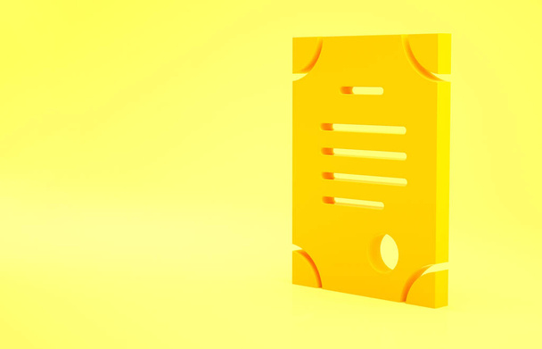 Yellow Death certificate icon isolated on yellow background. Minimalism concept. 3d illustration 3D render. - Photo, Image