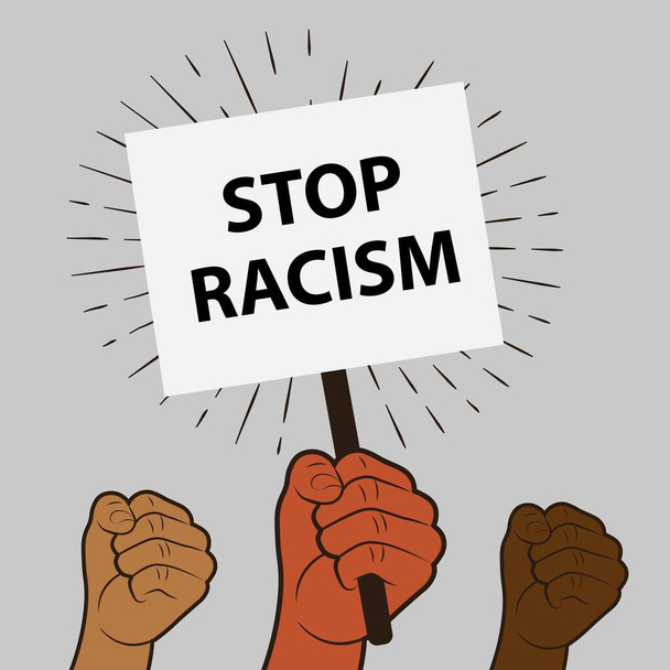 Cartaz motivacional contra racismo e discriminação. Muitas mãos com mesa
 - Vetor, Imagem