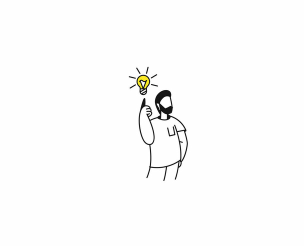 Hombre que tiene una buena idea mirando bombilla idea de luz, Dibujos animados dibujado a mano Sketch Vector ilustración
.  - Vector, Imagen