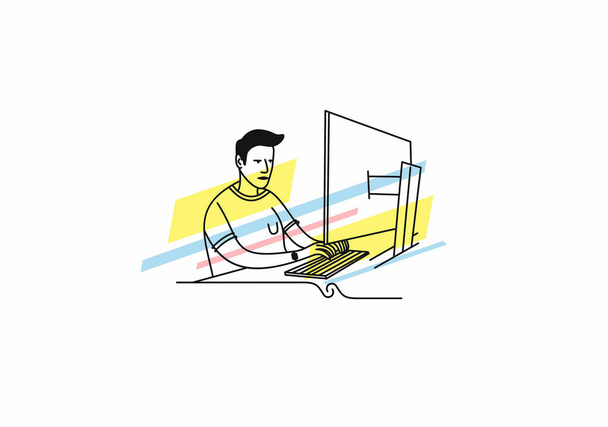 Un freelance che lavora alla scrivania con un computer portatile. Illustrazione vettoriale. - Vettoriali, immagini