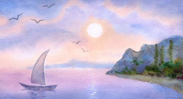 Акварельний пейзаж. Вітрильник на морі на заході сонця
 - Фото, зображення