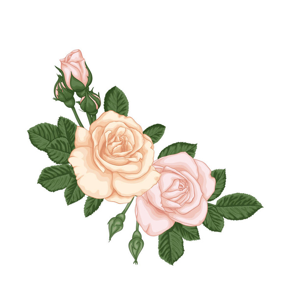 όμορφο μπουκέτο με παστέλ ροζ τριαντάφυλλα μπουμπούκια και φύλλα. Σύνθεση με λουλούδια. σχέδιο ευχετήρια κάρτα και πρόσκληση του γάμου, γενέθλια, Ημέρα του Αγίου Βαλεντίνου, Ημέρα της μητέρας και άλλες διακοπές. - Διάνυσμα, εικόνα