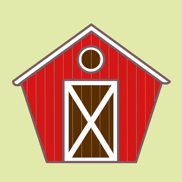 Cute red barn farmhouse with brown and white door and circle window isolated on light green background - Vector, Image