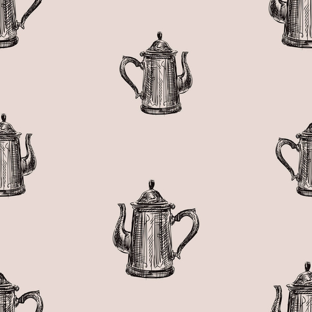 Seamless pattern of sketches old coffee pot - Vector, imagen
