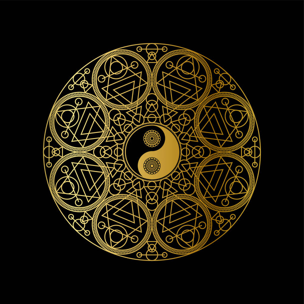 Plantilla de ícono de meditación con Yin Yang dorado Inicia sesión Esquema de mandala sobre fondo negro Ilustración vectorial lineal. Diseño tradicional de símbolos orientales. Concepto de cultura y equilibrio asiático
 - Vector, imagen