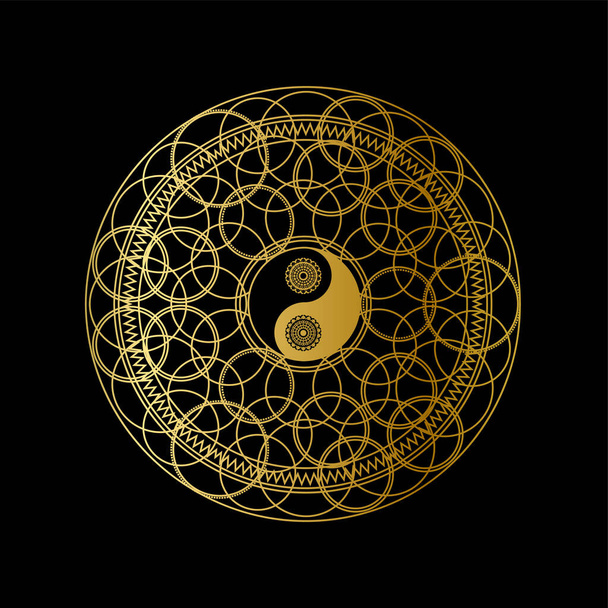 ゴールデン陰陽記号付き瞑想アイコンテンプレート黒の背景線形ベクトルイラストにマンダラアウトラインで。伝統的な東洋のシンボルデザイン。アジアの文化とバランスの概念 - ベクター画像