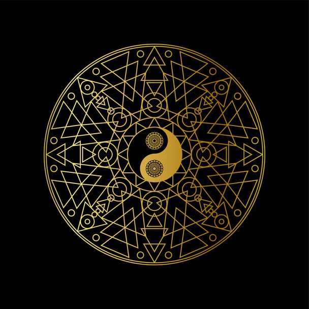 Meditation Icon Template with Golden Yin Yang Sign In Mandala Outline on Black Background Linear Vector Illustration. Traditional Oriental Symbol Design. Asian Culture and Balance Concept - Vector, imagen