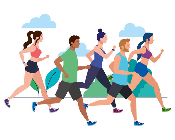 люди бегущие в ландшафте, групповые люди в спортивной одежде бег трусцой, люди спортсмены, спортивные лица
 - Вектор,изображение