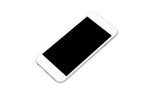 White smartphone with black blank screen is isolated on white background. Clipping path embedded. - Photo, Image