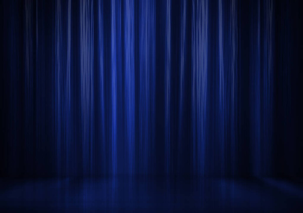 Όμορφη μπλε κουρτίνα σκούρο φόντο. Πρότυπο στούντιο. Μπλε κουρτίνα σκούρο φόντο σε αφηρημένο στυλ. 3D εικονογράφηση. - Φωτογραφία, εικόνα