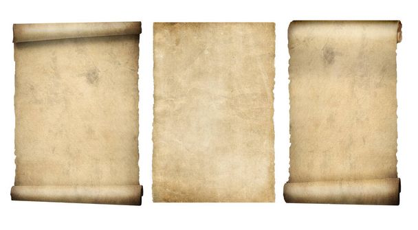 Set von Schriftrollen oder Pergament isoliert auf weiß, Klassisches Symbol für Tapetendesign. 3D-Illustration. - Foto, Bild