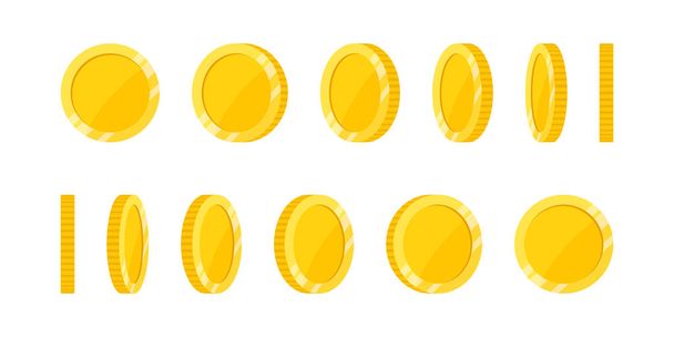 Gire a moeda dourada isolada no fundo branco. Conjunto de design de ícone plano de rotação em diferentes ângulos para animação
. - Vetor, Imagem