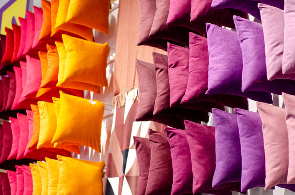 Colorful fabric cushions for sale in the store - Photo, Image