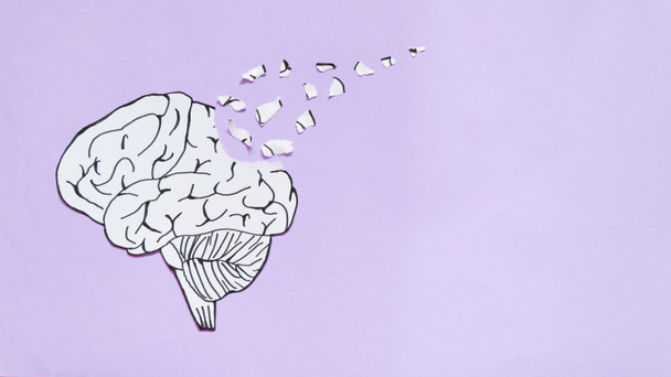 Símbolo de trastorno cerebral presentado por el cerebro humano hecho de papel rasgado sobre fondo púrpura w / espacio de copia. Idea creativa para la enfermedad de Alzheimer, demencia o pérdida de memoria. Concepto de salud mental
. - Foto, imagen