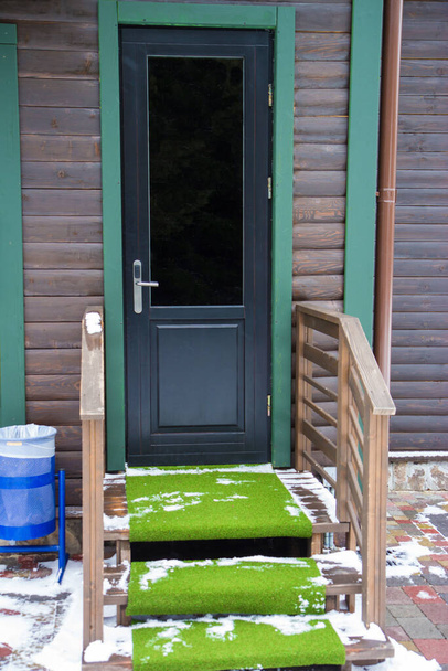 Haustür aus dunkelbraunem Holz mit Fenstern und Reben, - Foto, Bild