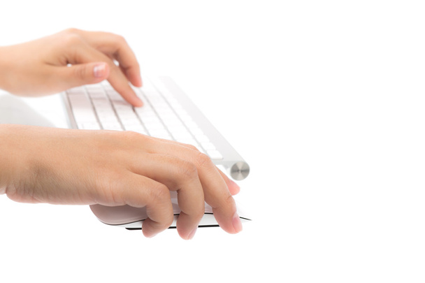 Close up of business woman hand typing on laptop keyboard with mo
 - Фото, изображение