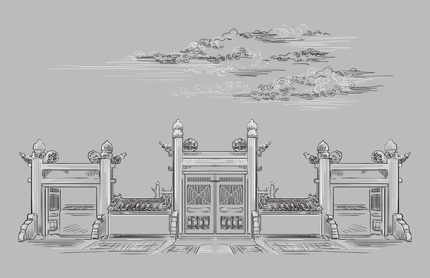 Ворота Линсин перед резиденцией Хэйвень в Пекине, достопримечательность Китая. Ручной рисунок векторного рисунка монохромными цветами, выделенными на сером фоне. Путешествия по Китаю
. - Вектор,изображение
