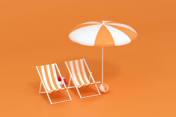 Ombrellone, sdraio con sfondo arancione, rendering 3d. Disegno digitale del computer. - Foto, immagini