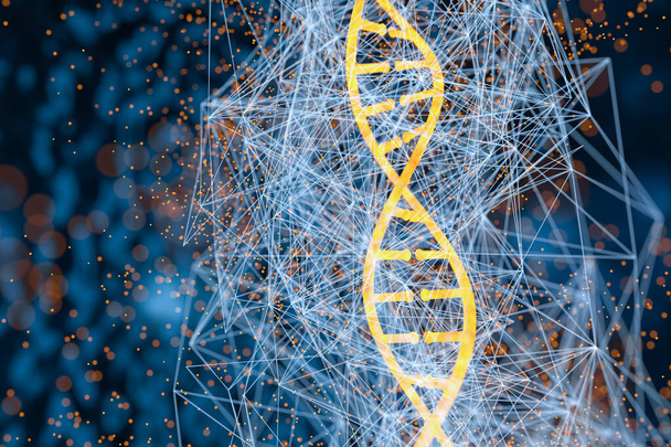 Žhnoucí DNA s modrými biotechnologickými liniemi pozadí, 3D vykreslování. Digitální kresba počítače. - Fotografie, Obrázek
