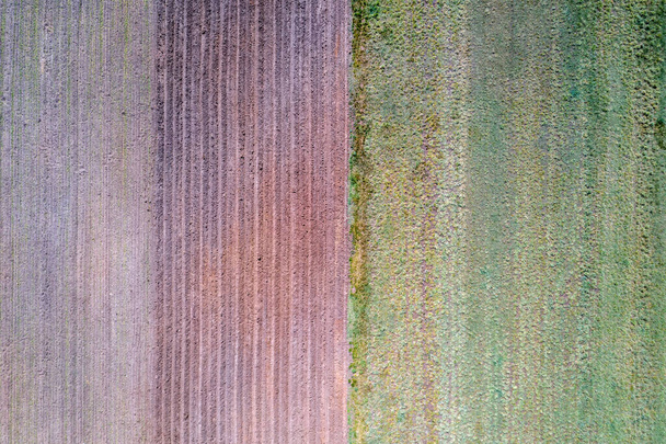 Drone vista del campo arato vicino Wolka Paplinska villaggio situato nella regione Mazowsze della Polonia
 - Foto, immagini