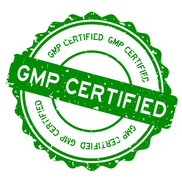 Grunge groene GMP (afkorting van Good Manufacturing Practice) gecertificeerd woord ronde rubber zegel stempel op witte achtergrond - Vector, afbeelding