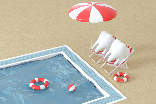 Dente de desenho animado em férias, piscina de lado, renderização 3d. Desenho digital de computador
. - Foto, Imagem