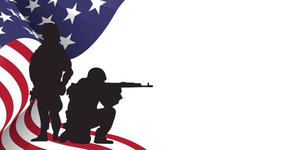 Militaire legerachtergrond met soldaten silhouetten en Amerikaanse vlag. Verenigde Staten patriottische illustratie - Vector, afbeelding