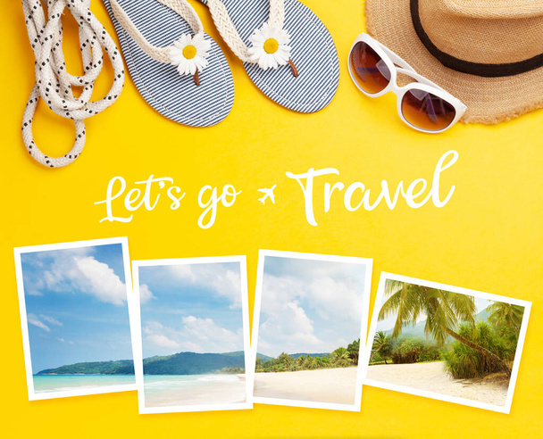 Lets go travel concept card. Summer vacation items, accessories and holiday photos. Flip flops, sunglasses and sun hat on yellow background. Top view flat lay  - Photo, image