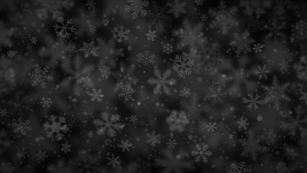 Kerst achtergrond van sneeuwvlokken van verschillende vormen, maten, vervaging en transparantie in zwarte kleuren - Vector, afbeelding