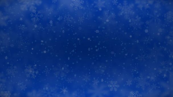 Fondo navideño de copos de nieve de diferentes formas, tamaños, desenfoque y transparencia en colores azules
 - Vector, Imagen