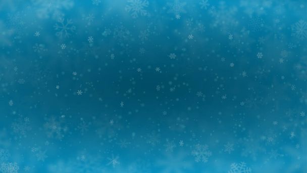 Fondo de Navidad de copos de nieve de diferentes formas, tamaños, desenfoque y transparencia en colores azul claro
 - Vector, Imagen