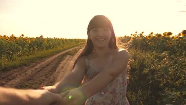 girl and guy rkuka in hand, in evening walk along field with sunflowers at sunset, holding hands. A young girl travels in countryside with her boyfriend, they run across field of blooming sunflower. - Footage, Video