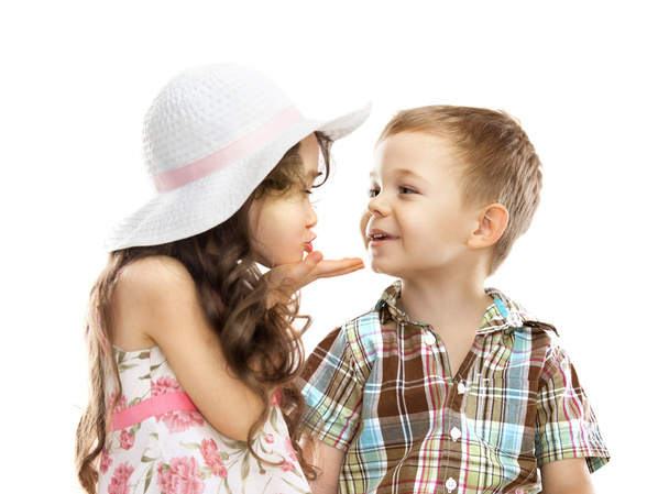 little girl kissing boy isolated over white - Photo, Image