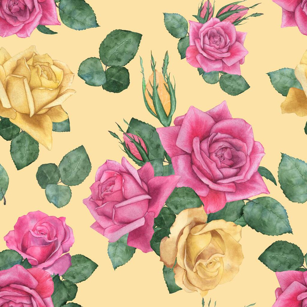 Roses. Seamless floral pattern. Watercolor illustration. Hand-drawing - Valokuva, kuva