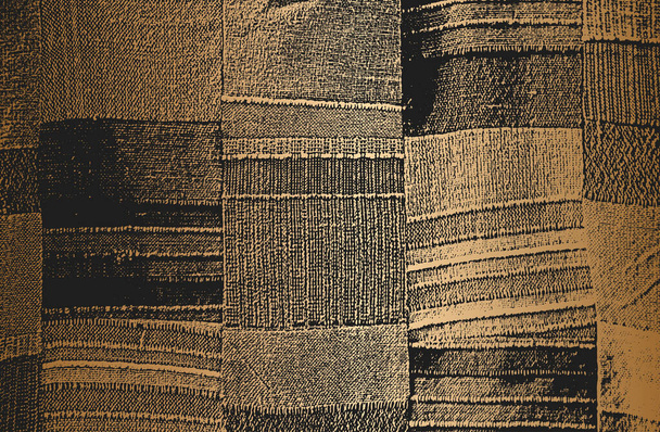 Сжатая текстура накладывается на ткань из золотых тканей, вязаное одеяло с тартановым орнаментом. гранж фон. абстрактная полутоновая векторная иллюстрация
 - Вектор,изображение